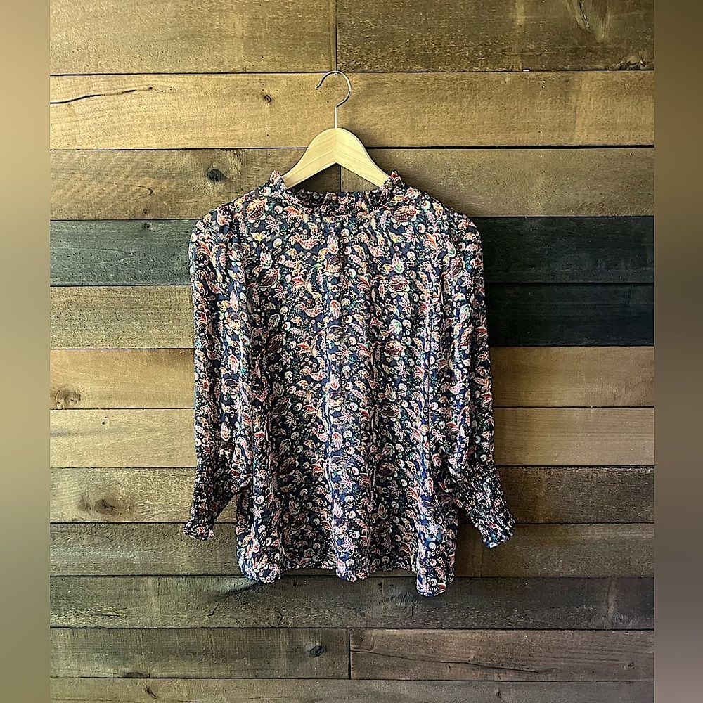 Maison d’Amélie Sheer Navy Floral Paisley Blouse with Smocked Cuffs – Size Small